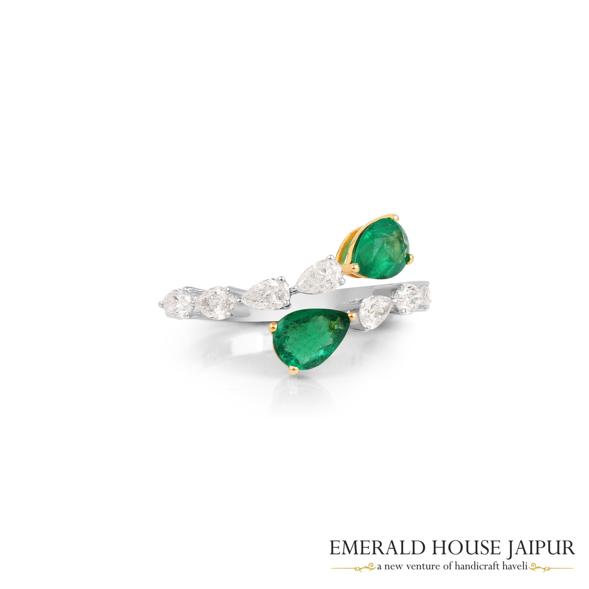 Pear-Cut Zambian Emerald & Pear-Cut Diamond Toi et Moi Ring in 18K White & Yellow Gold