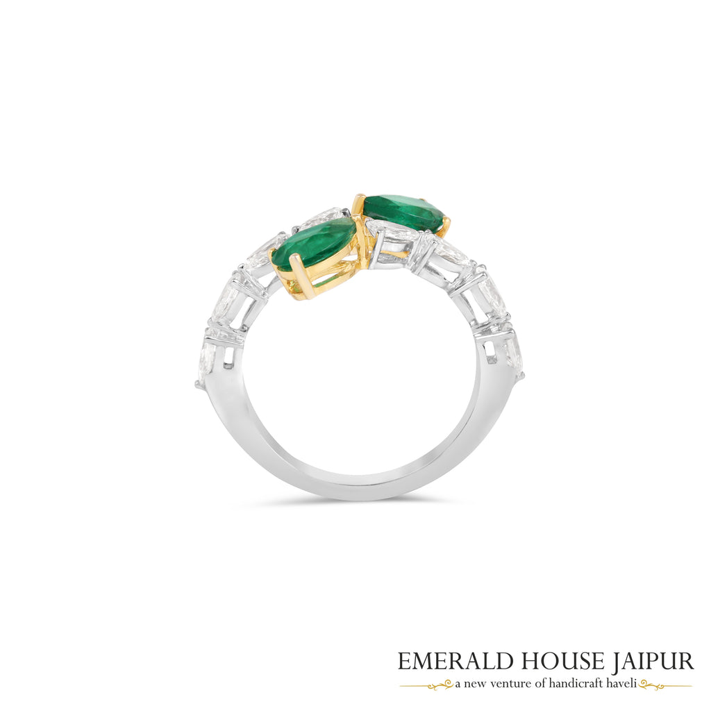 Pear-Cut Zambian Emerald & Pear-Cut Diamond Toi et Moi Ring in 18K White & Yellow Gold