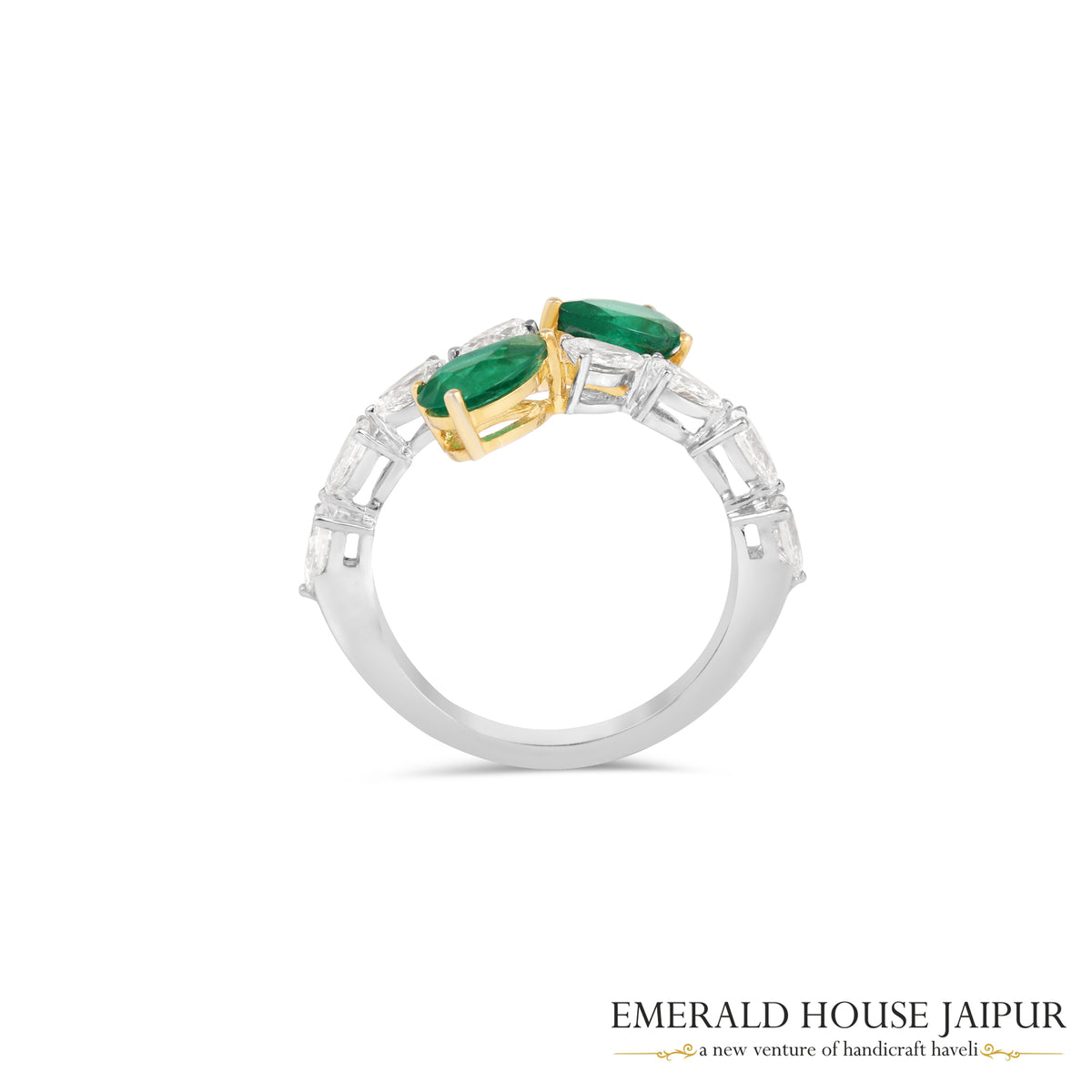 Pear-Cut Zambian Emerald & Pear-Cut Diamond Toi et Moi Ring in 18K White & Yellow Gold