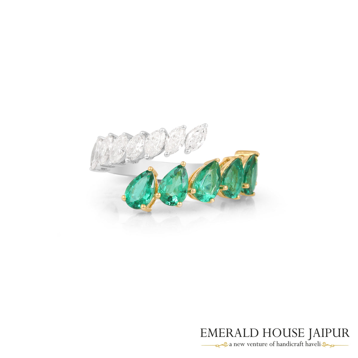 Pear-Cut Zambian Emerald & Marquise-Cut Diamond Half-Band Ring in 18K White & Yellow Gold