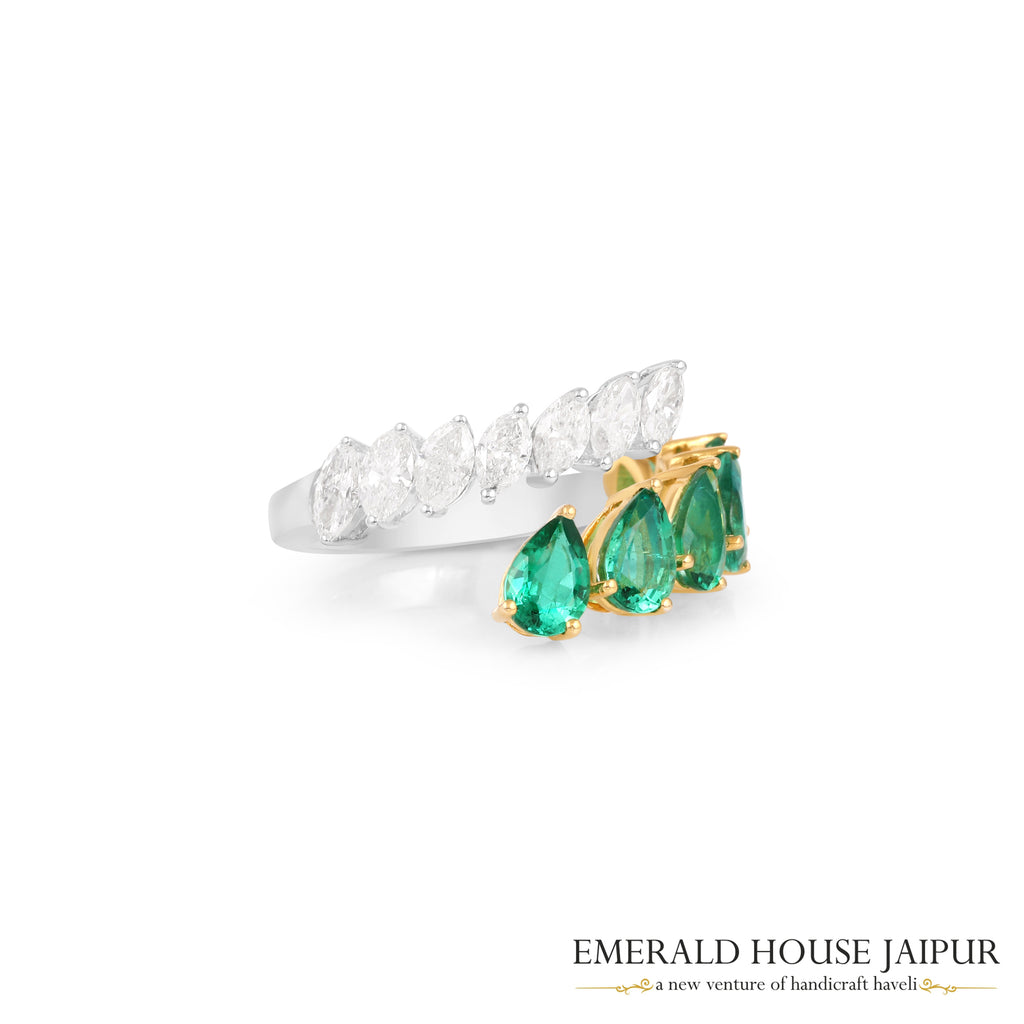 Pear-Cut Zambian Emerald & Marquise-Cut Diamond Half-Band Ring in 18K White & Yellow Gold