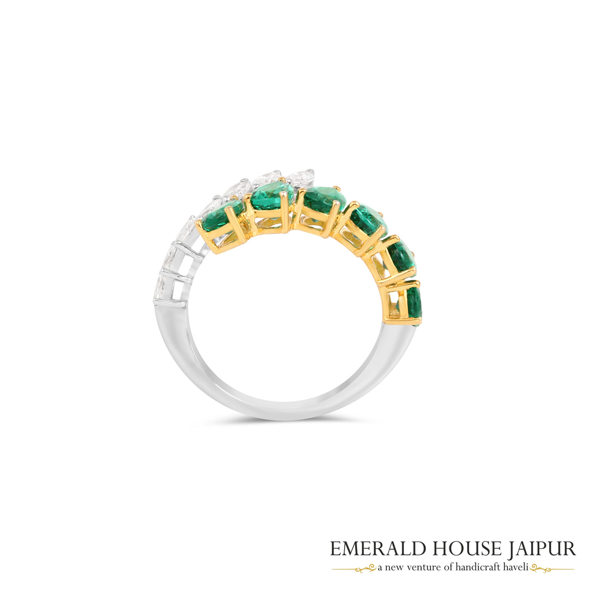Pear-Cut Zambian Emerald & Marquise-Cut Diamond Half-Band Ring in 18K White & Yellow Gold