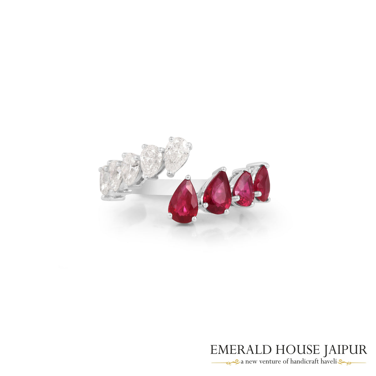 Pear-Cut Ruby & Diamond Half-Band Ring in 18K White Gold