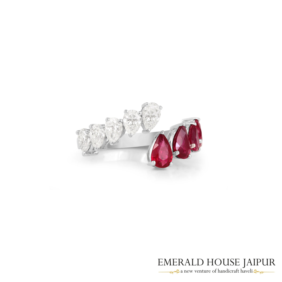 Pear-Cut Ruby & Diamond Half-Band Ring in 18K White Gold