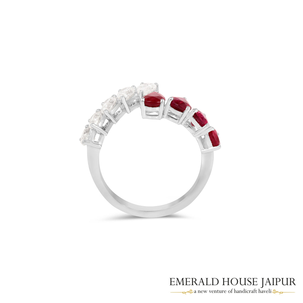 Pear-Cut Ruby & Diamond Half-Band Ring in 18K White Gold