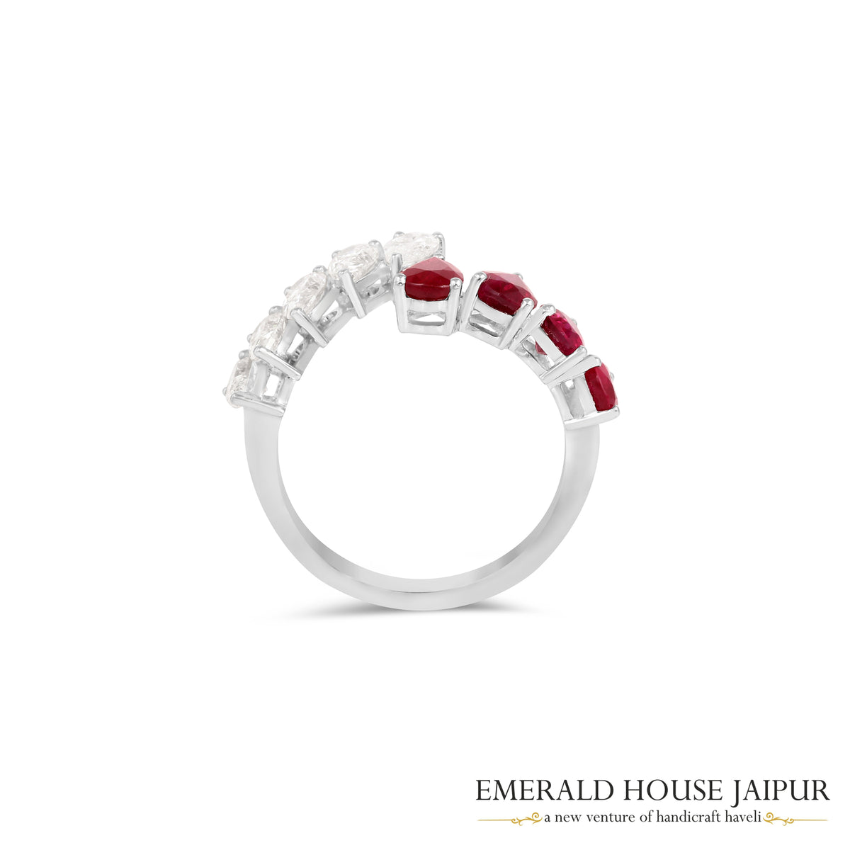 Pear-Cut Ruby & Diamond Half-Band Ring in 18K White Gold