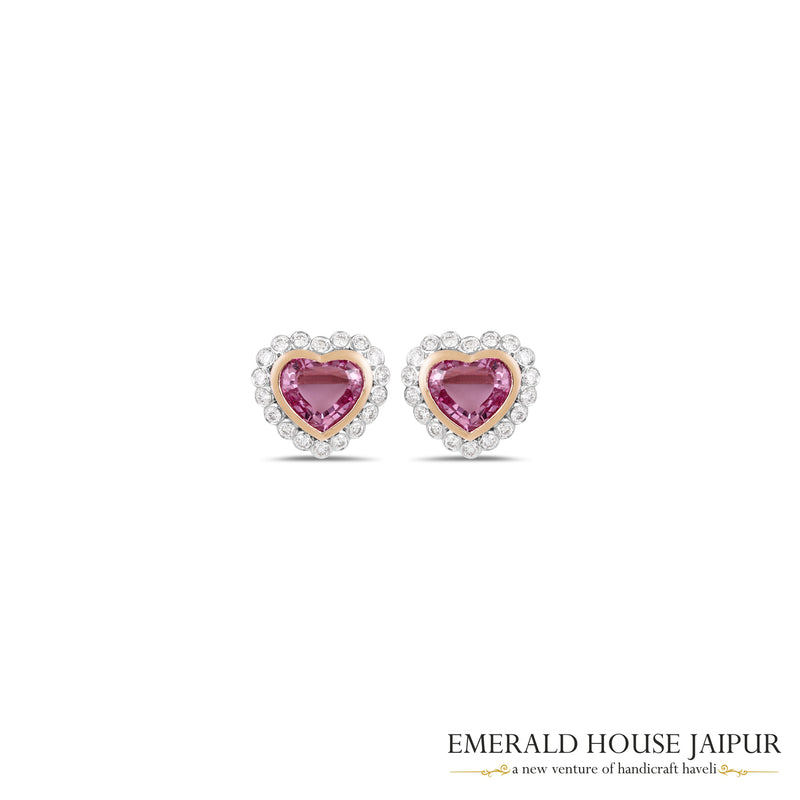 Heart-Cut Pink Sapphire & Diamond Halo Stud Earrings in 18K Rose Gold