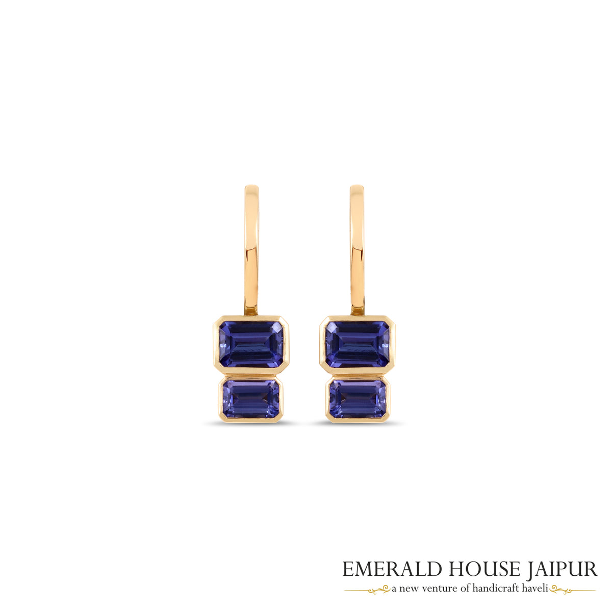 Octagonal Step-Cut Blue Tanzanite Drop Earrings in 18K Yellow Gold