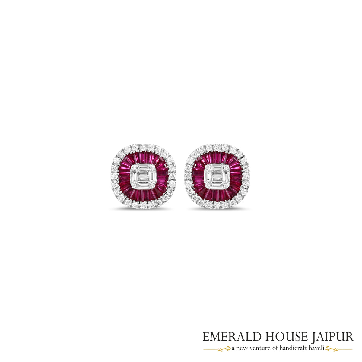 Emerald-Cut Diamond & Baguette-Cut Ruby Halo Stud Earrings in 18K White Gold