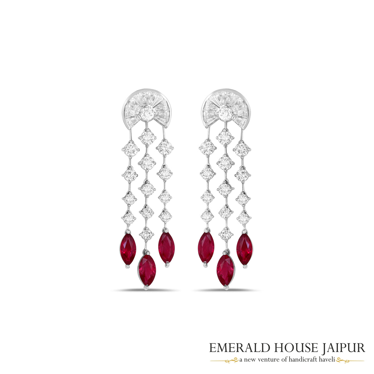 Marquise-Cut Ruby & Diamond Cascading Drop Earrings in 18K White Gold