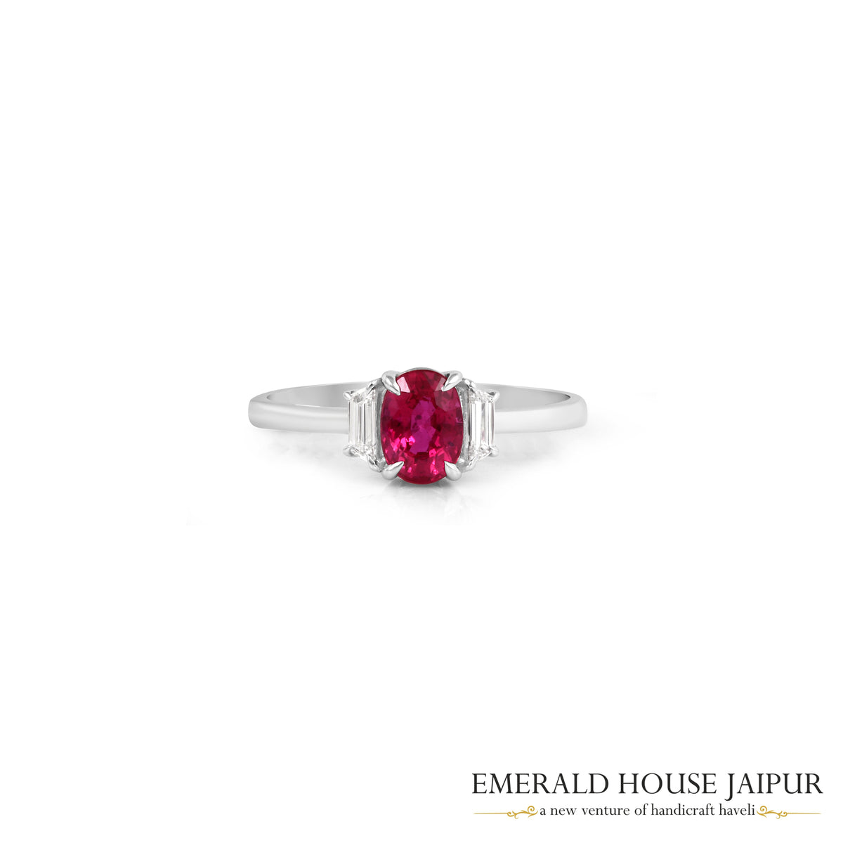 Oval-Cut Ruby & Baguette-Cut Diamond Ring in 18K White Gold