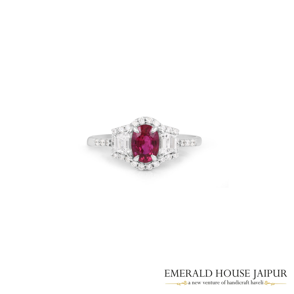 Oval-Cut Ruby & Baguette Diamond Ring in 18K White Gold