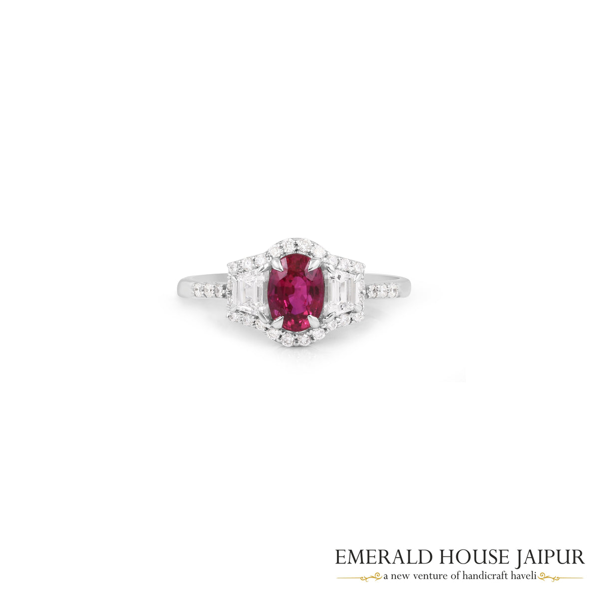 Oval-Cut Ruby & Baguette Diamond Ring in 18K White Gold