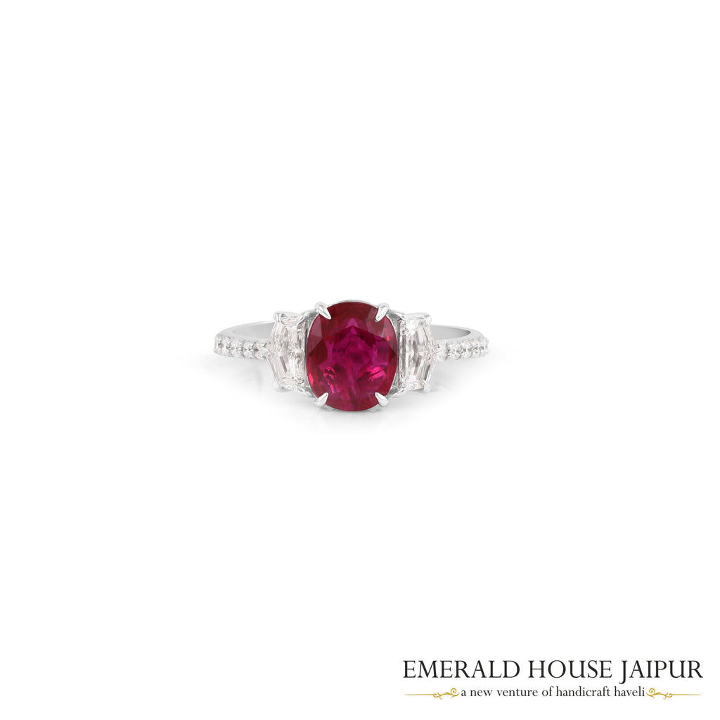 Oval-Cut Mozambique Ruby & Baguette-Cut Diamond Ring in 18K White Gold