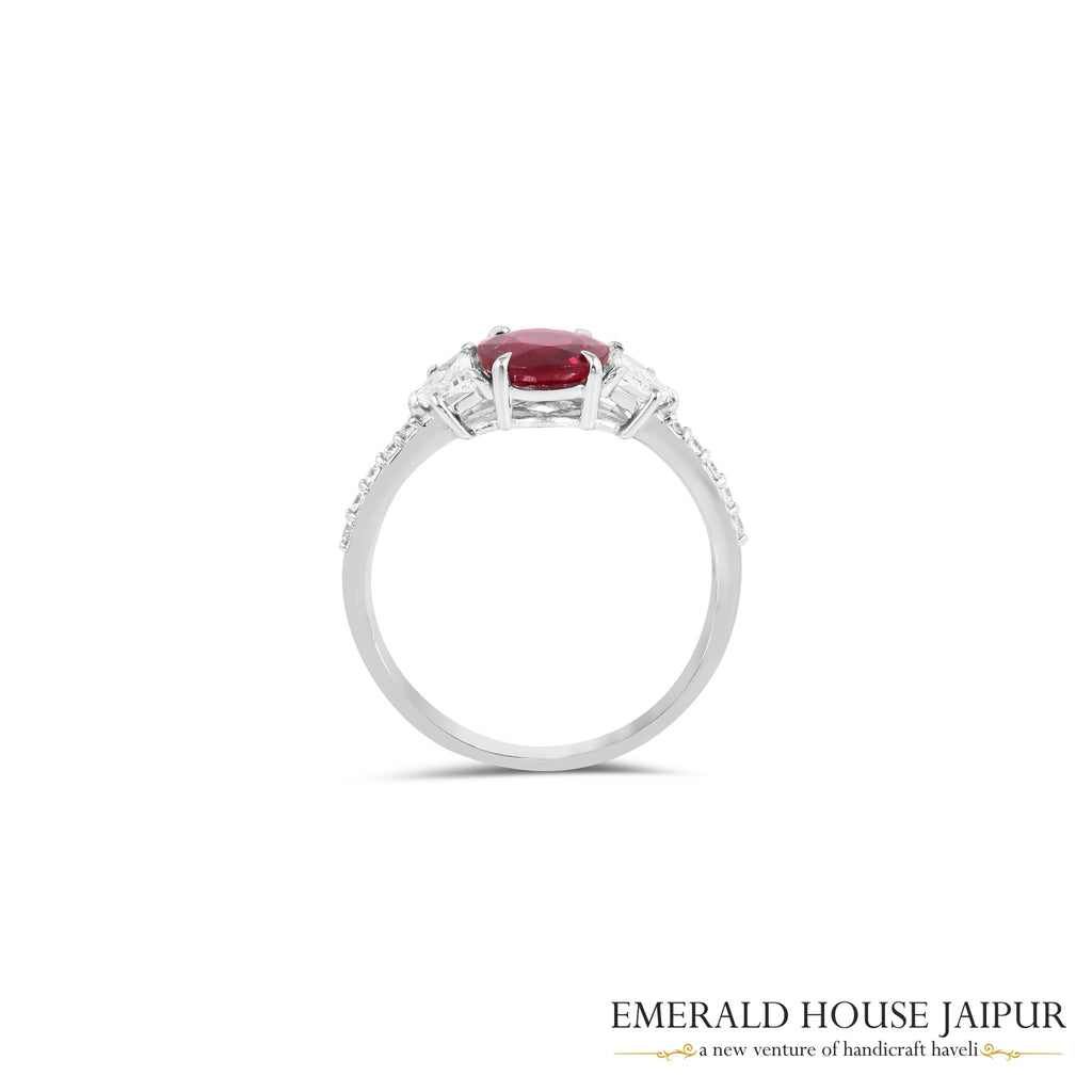 Oval-Cut Mozambique Ruby & Baguette-Cut Diamond Ring in 18K White Gold