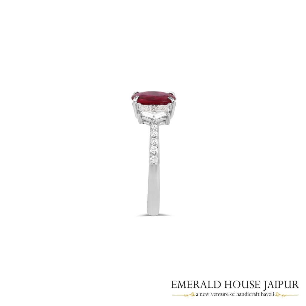 Oval-Cut Mozambique Ruby & Baguette-Cut Diamond Ring in 18K White Gold