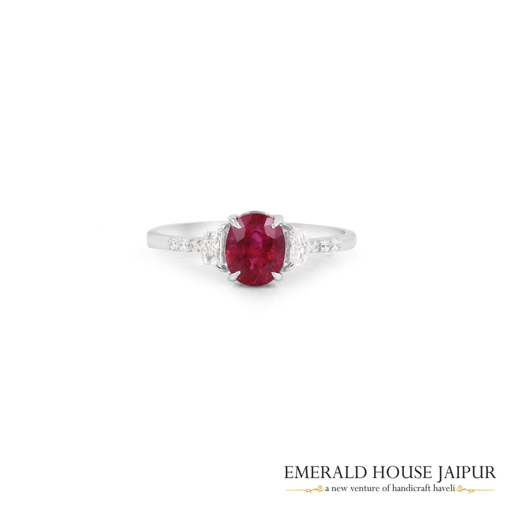 Oval-Cut Mozambique Ruby & Baguette Diamond Ring in 18K White Gold