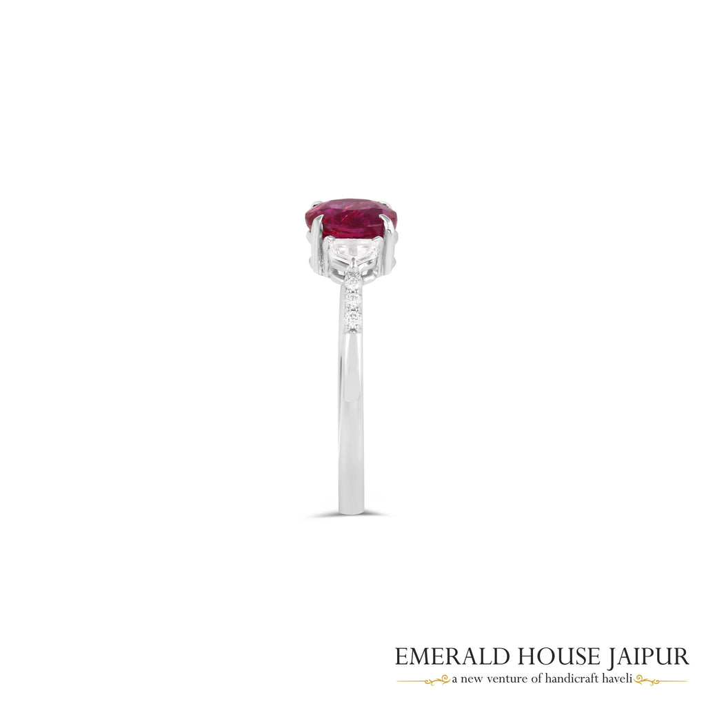Oval-Cut Mozambique Ruby & Baguette Diamond Ring in 18K White Gold