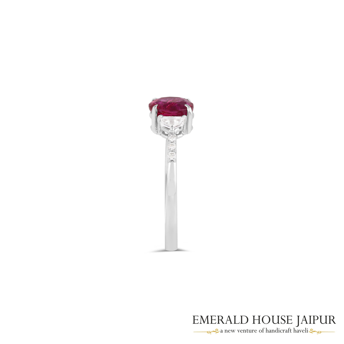 Oval-Cut Mozambique Ruby & Baguette Diamond Ring in 18K White Gold