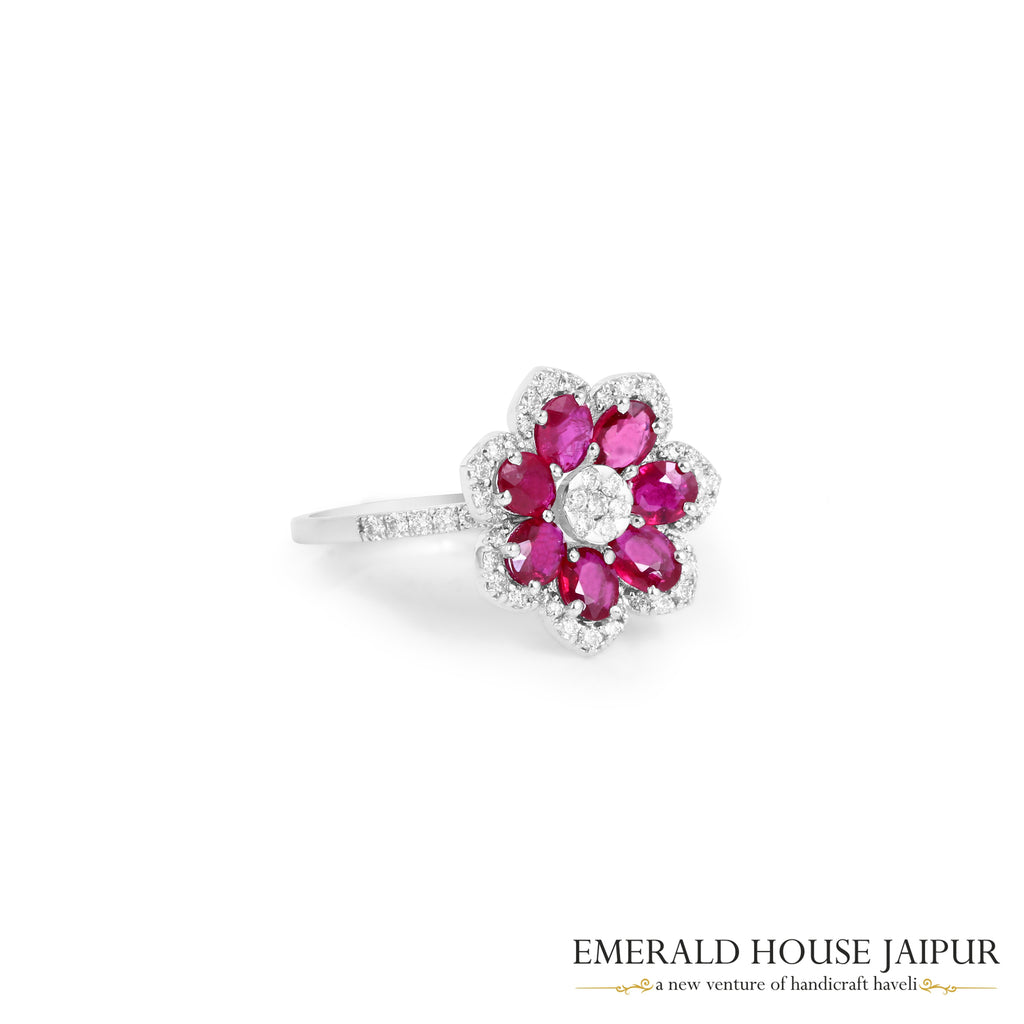 Oval-Cut Mozambique Ruby Floral Ring in 18K White Gold