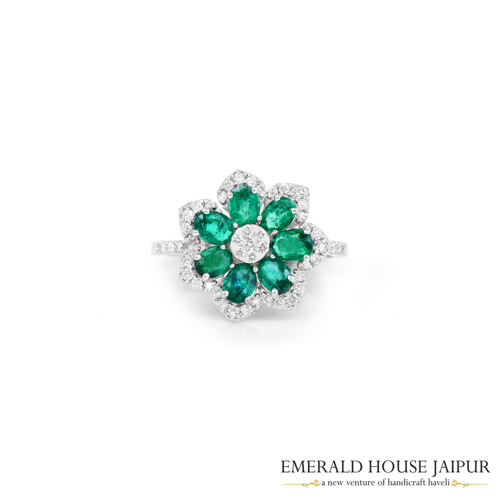 Oval-Cut Emerald & Round Brilliant-Cut Diamond Floral Cluster Ring in 18K White Gold