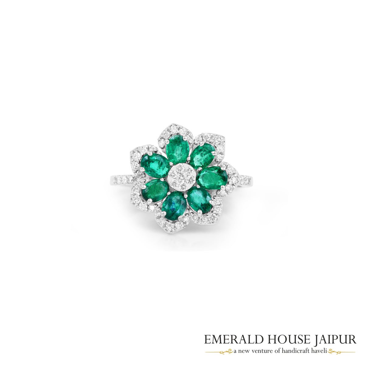 Oval-Cut Emerald & Round Brilliant-Cut Diamond Floral Cluster Ring in 18K White Gold