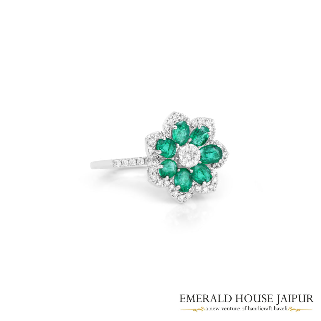 Oval-Cut Emerald & Round Brilliant-Cut Diamond Floral Cluster Ring in 18K White Gold