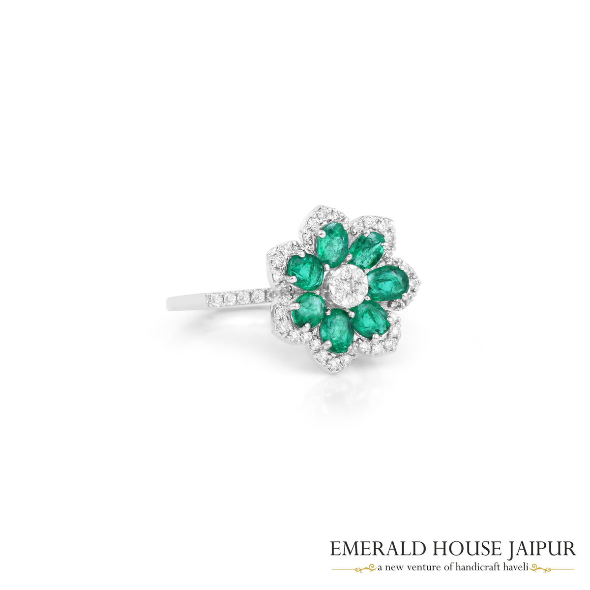 Oval-Cut Emerald & Round Brilliant-Cut Diamond Floral Cluster Ring in 18K White Gold