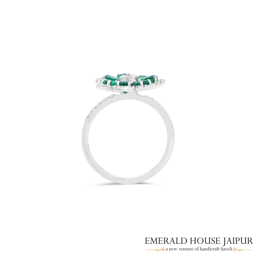 Oval-Cut Emerald & Round Brilliant-Cut Diamond Floral Cluster Ring in 18K White Gold