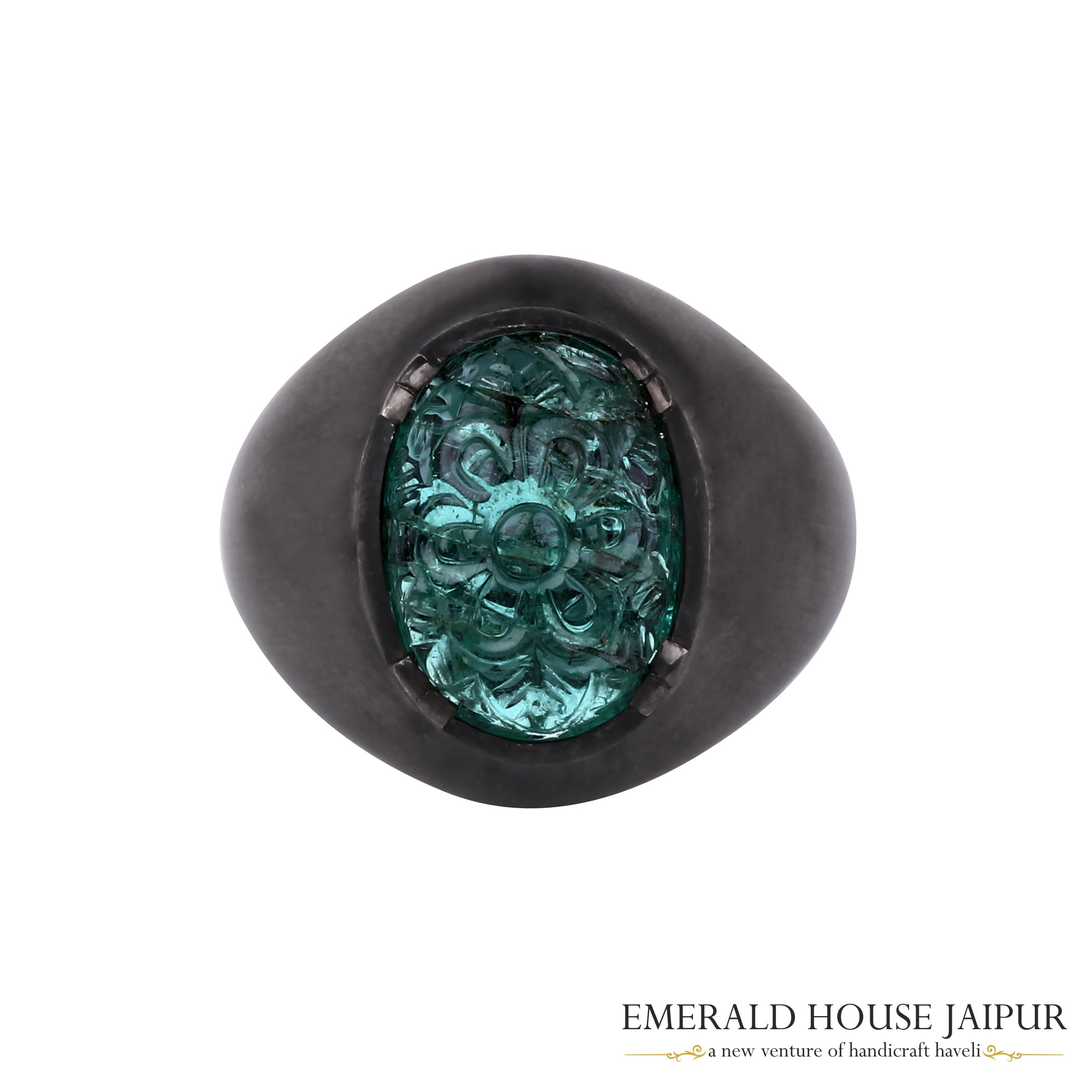 Zambian Carved Oval Emerald Ring in 18k Black Gold