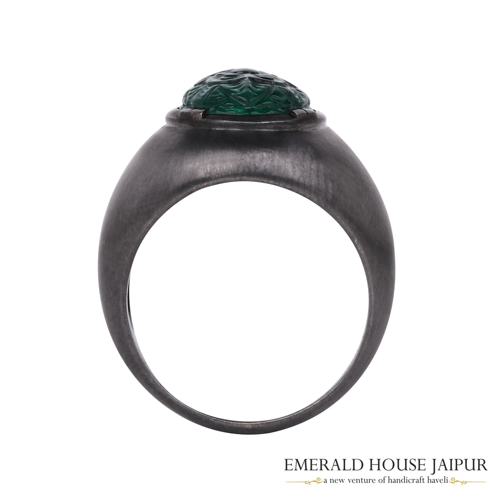 Zambian Carved Oval Emerald Ring in 18k Black Gold