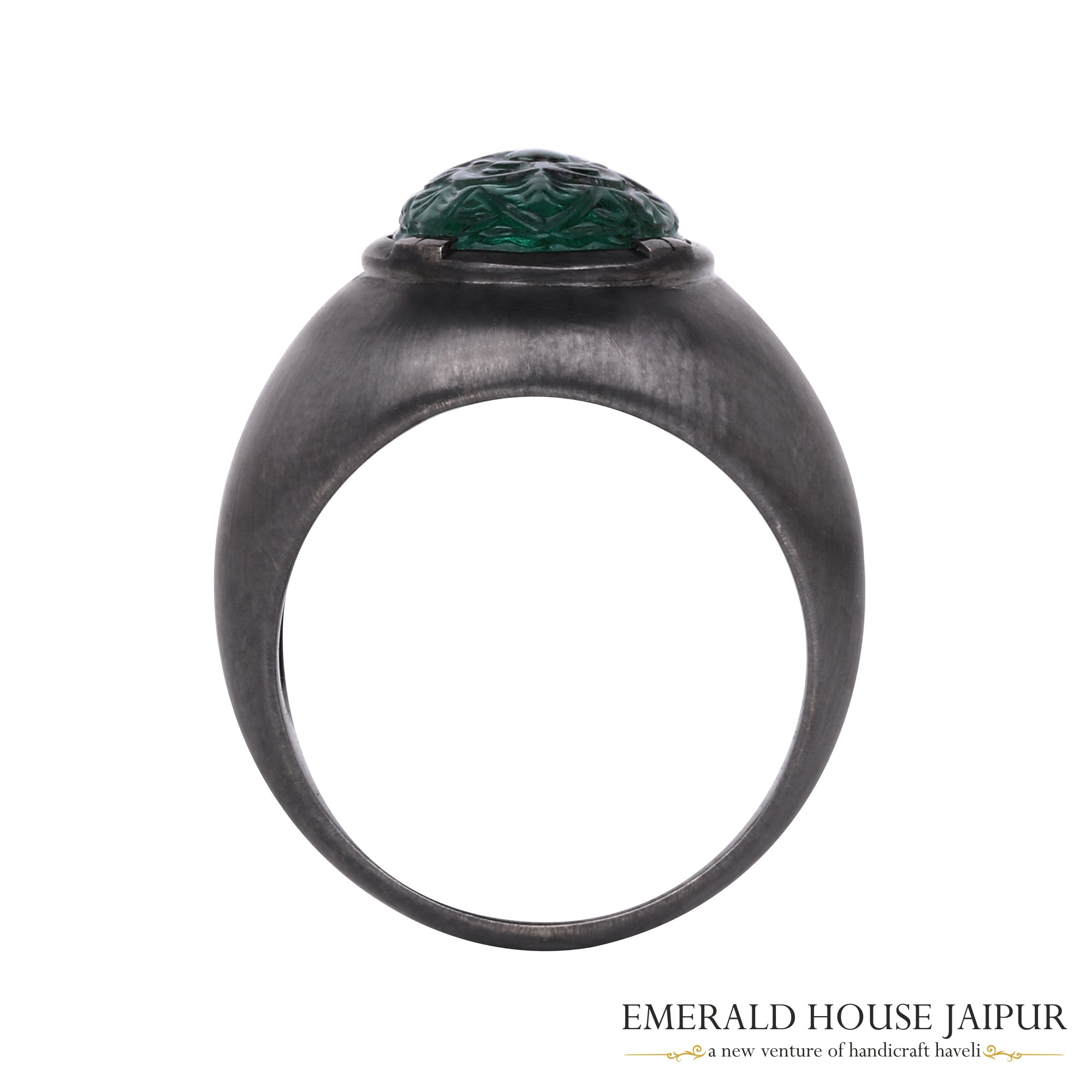 Zambian Carved Oval Emerald Ring in 18k Black Gold