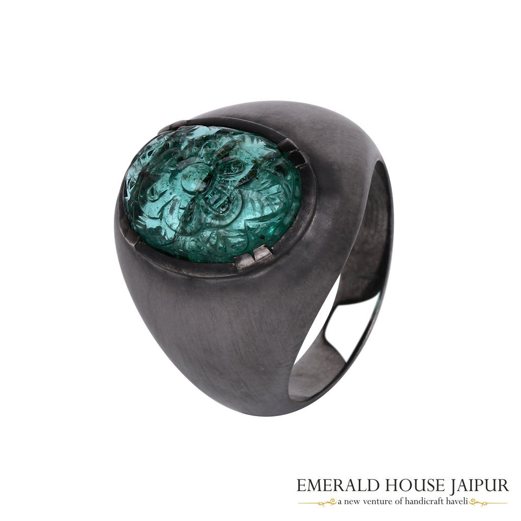 Zambian Carved Oval Emerald Ring in 18k Black Gold