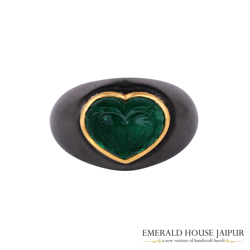 Zambian Carved Heart Emerald Ring in 18k Yellow & Black Gold