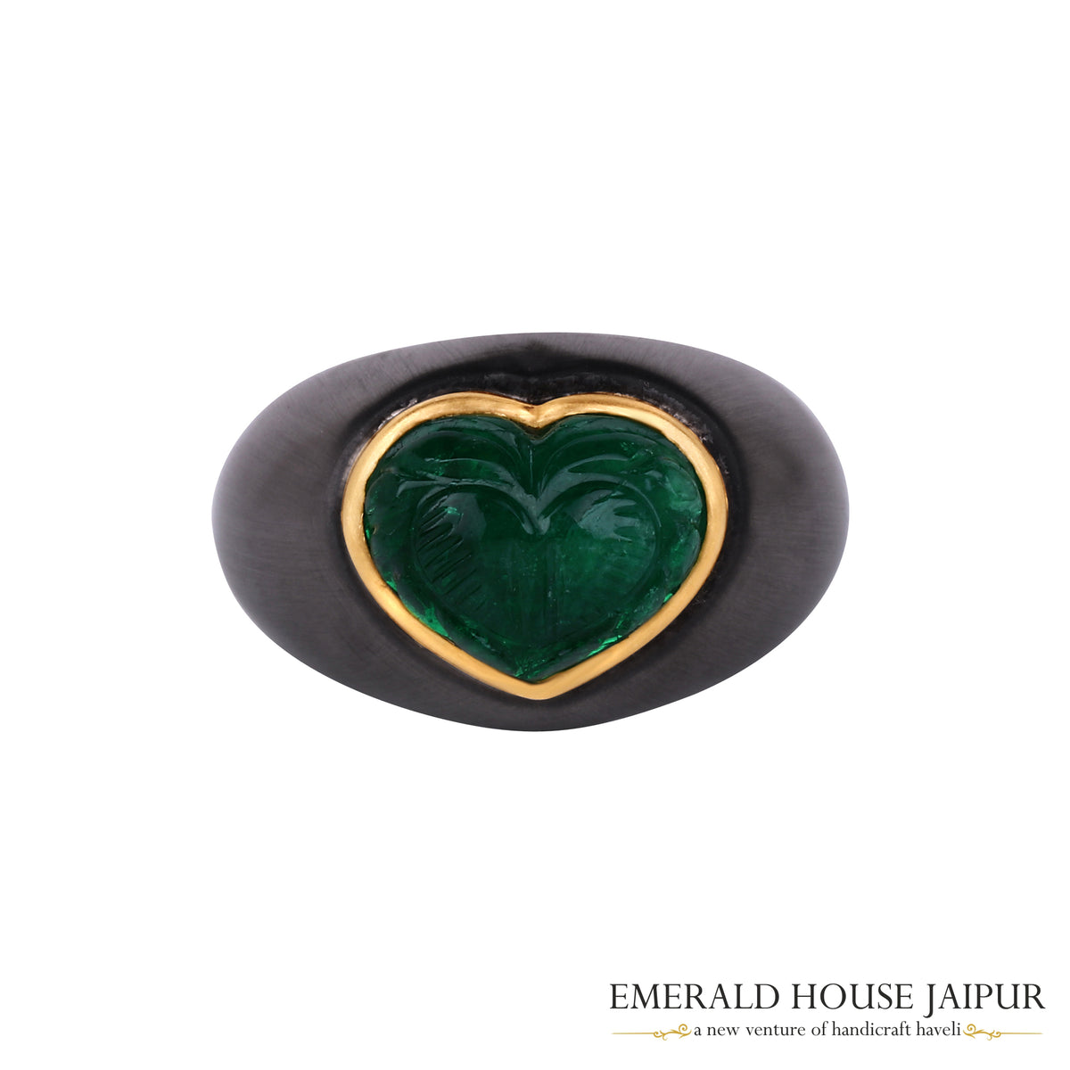 Zambian Carved Heart Emerald Ring in 18k Yellow & Black Gold