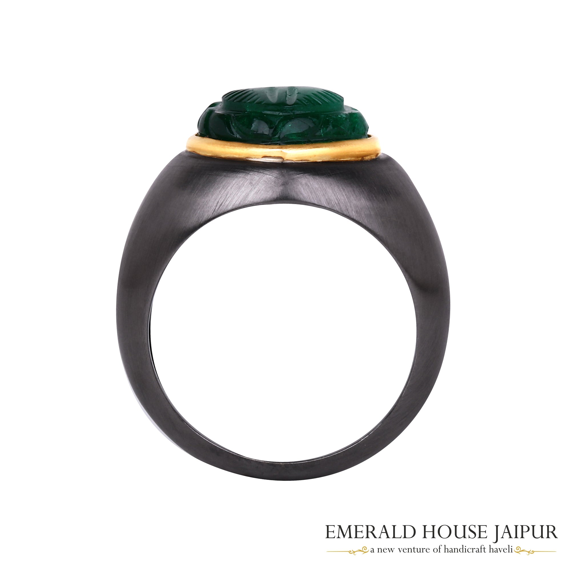 Zambian Carved Heart Emerald Ring in 18k Yellow & Black Gold