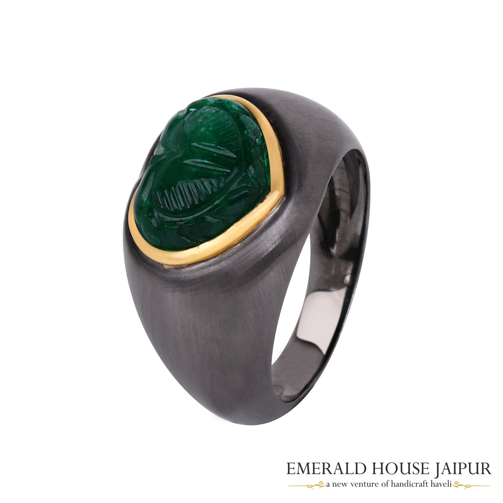 Zambian Carved Heart Emerald Ring in 18k Yellow & Black Gold