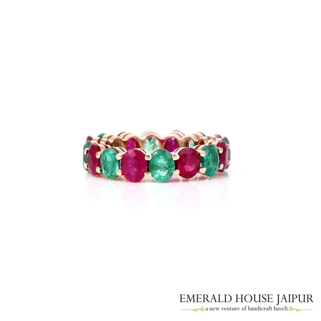 18K White Gold Ring with Mixed Oval Rubies, Emeralds & Blue Sapphires, Round Cluster Set Diamonds