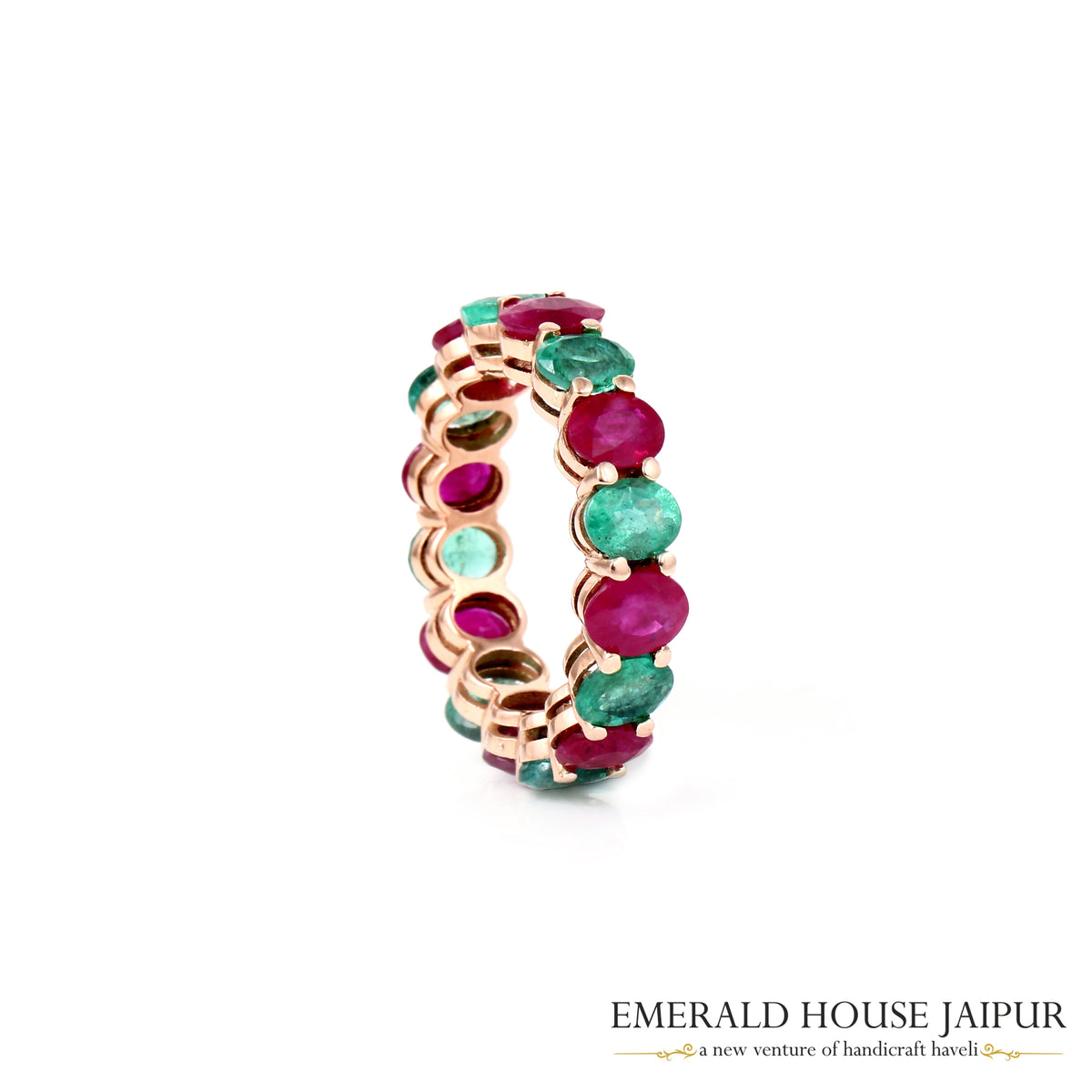 18K White Gold Ring with Mixed Oval Rubies, Emeralds & Blue Sapphires, Round Cluster Set Diamonds