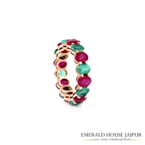 18K White Gold Ring with Mixed Oval Rubies, Emeralds & Blue Sapphires, Round Cluster Set Diamonds