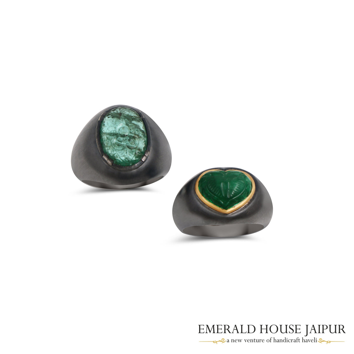 Zambian Carved Heart Emerald Ring in 18k Yellow & Black Gold