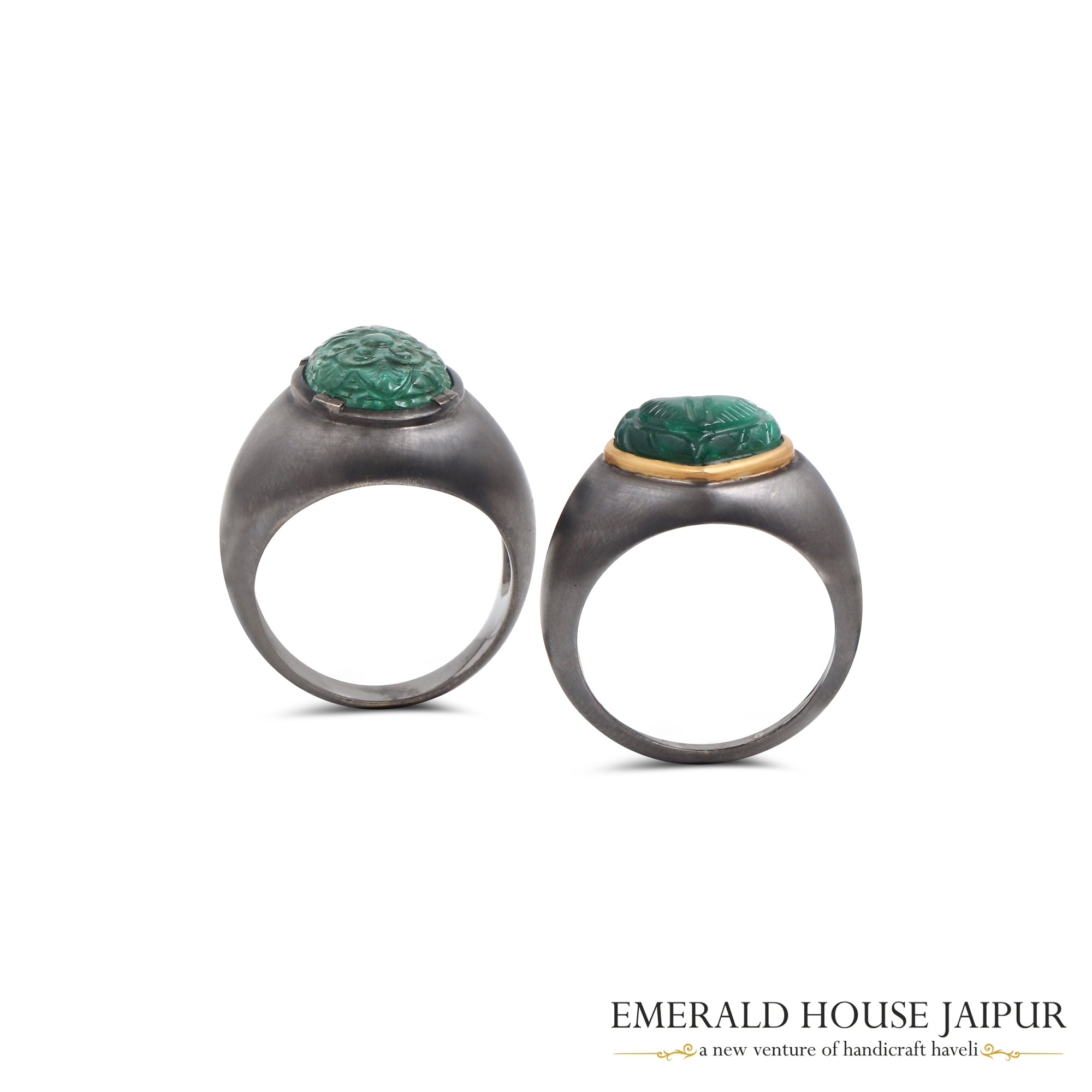 Zambian Carved Oval Emerald Ring in 18k Black Gold