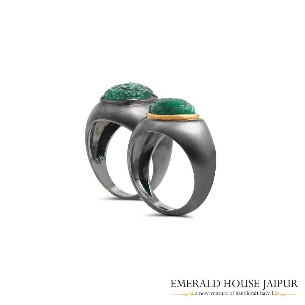 Zambian Carved Heart Emerald Ring in 18k Yellow & Black Gold