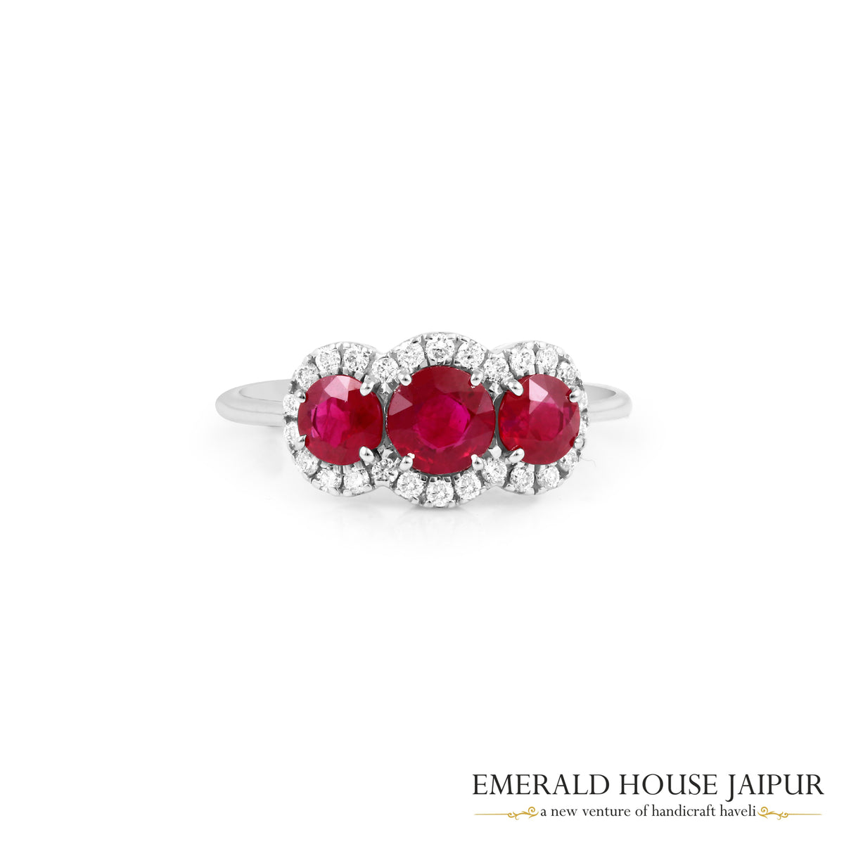 Round-Cut Ruby Triple-Stone Diamond Halo Ring in 18K White Gold