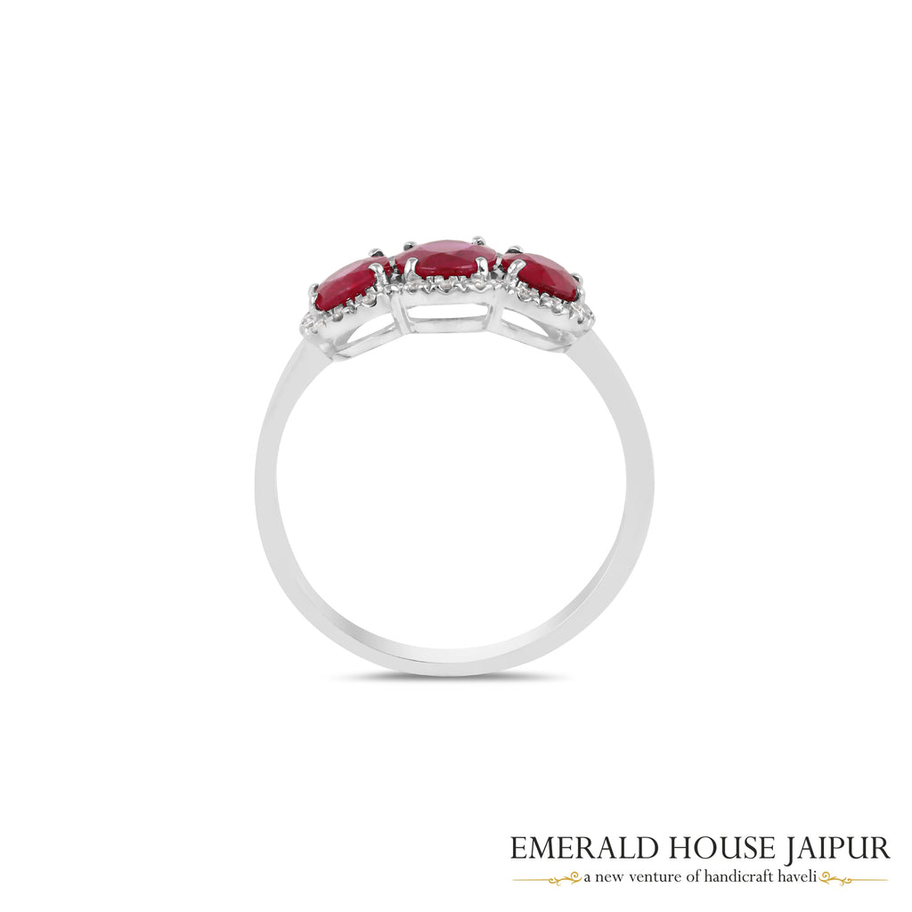 Round-Cut Ruby Triple-Stone Diamond Halo Ring in 18K White Gold