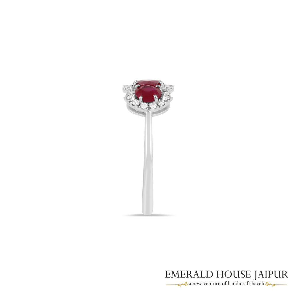 Round-Cut Ruby Triple-Stone Diamond Halo Ring in 18K White Gold