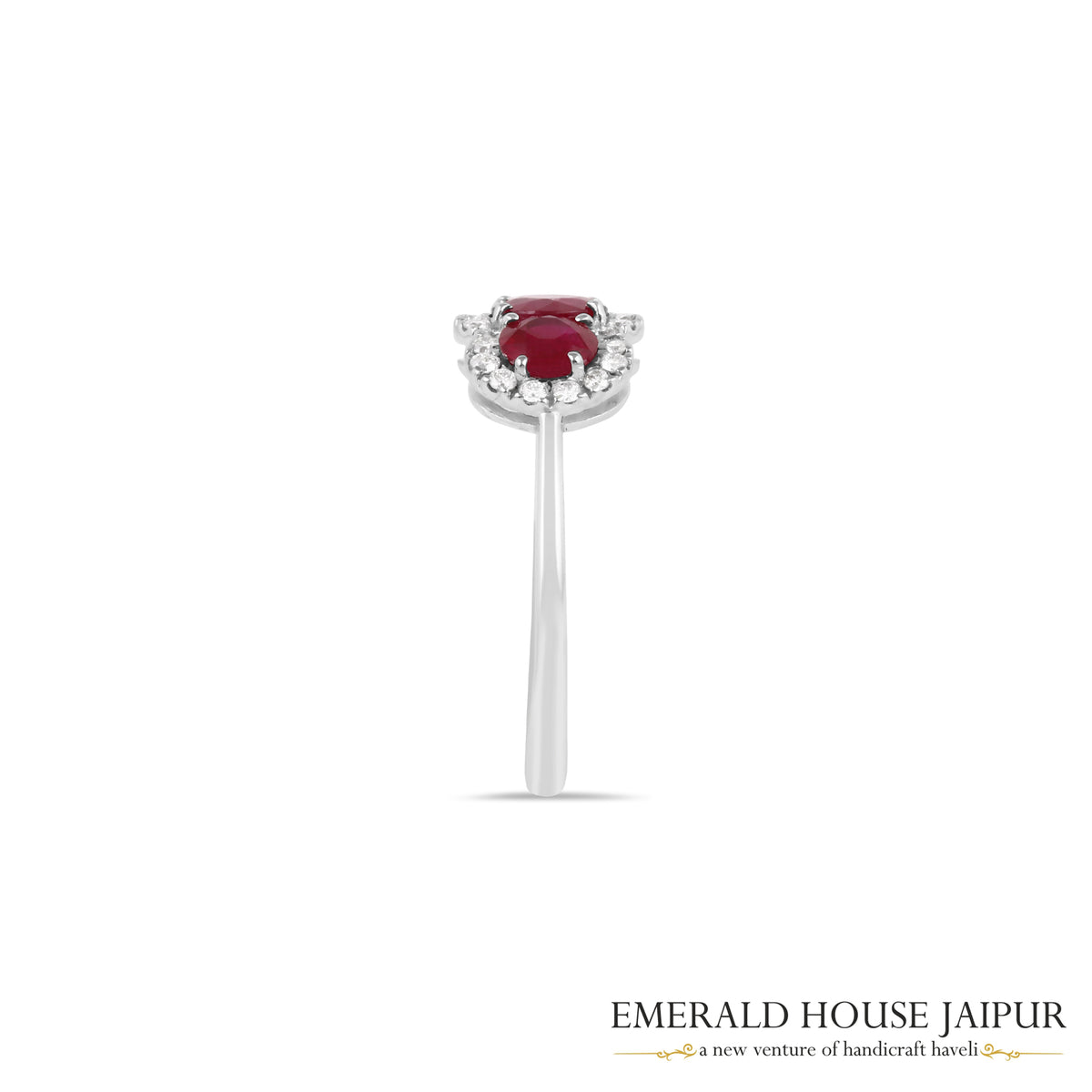 Round-Cut Ruby Triple-Stone Diamond Halo Ring in 18K White Gold