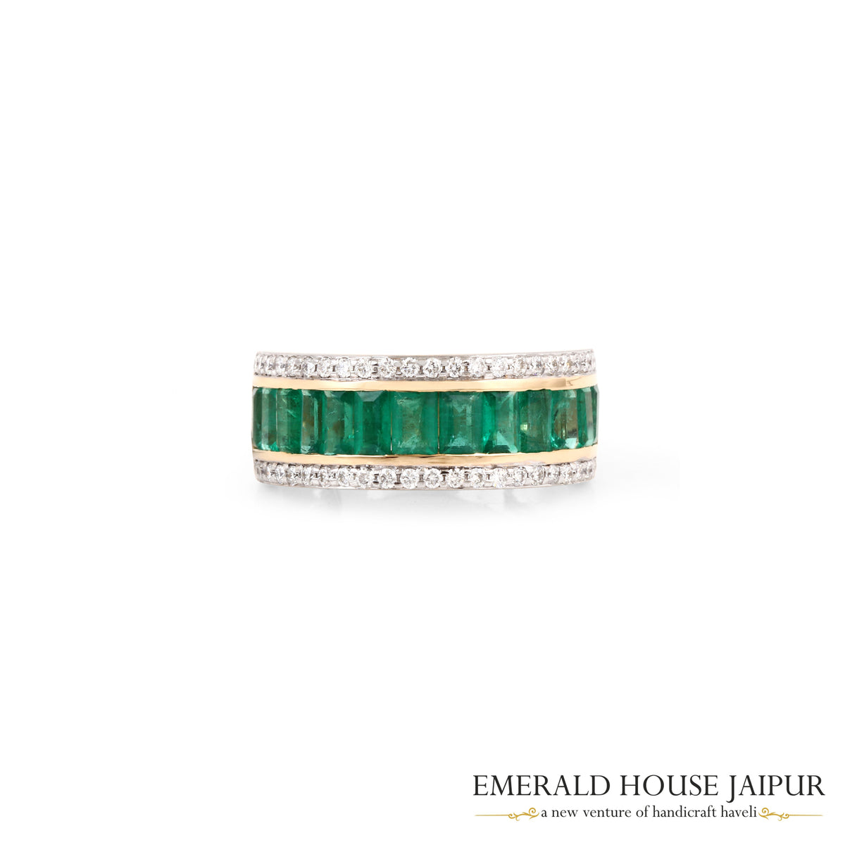 Rectangular Step-Cut Emerald & Round Brilliant-Cut Diamond Band Ring in 18K Yellow Gold