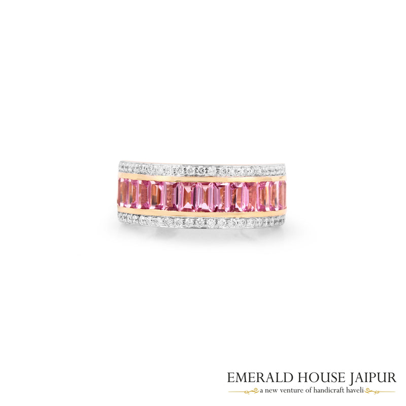 Baguette-Cut Pink Sapphire & Round Brilliant-Cut Diamond Band Ring in 18K Yellow Gold