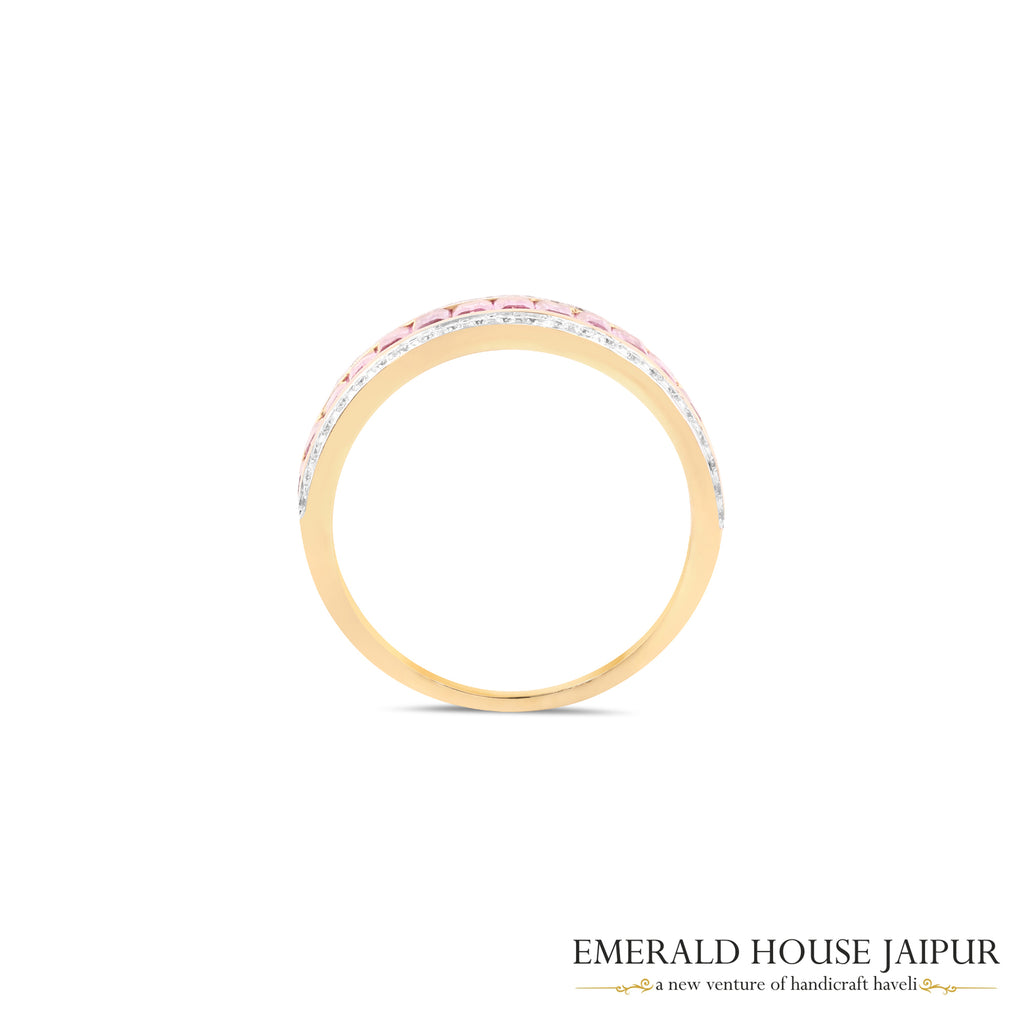 Baguette-Cut Pink Sapphire & Round Brilliant-Cut Diamond Band Ring in 18K Yellow Gold